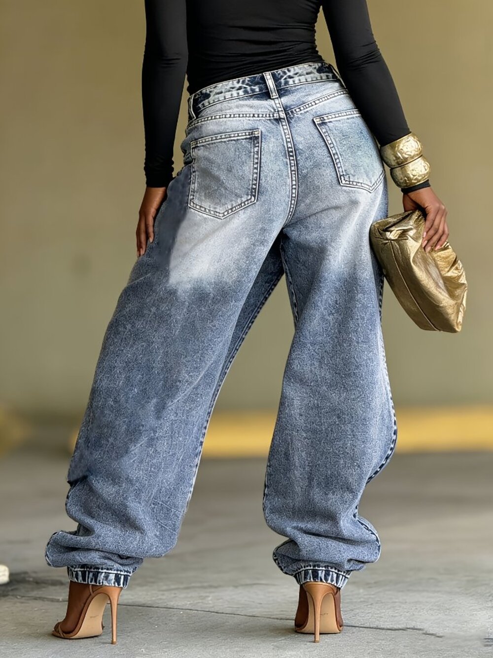 Asymmetrical High Rise Wide Leg Baggy Jeans Washed Denim - Picture 6 of 7